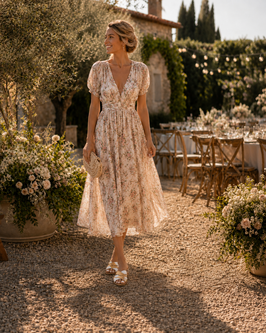 Look invitée mariage champêtre avec robe fleurie et sandales bohèmes dorées.